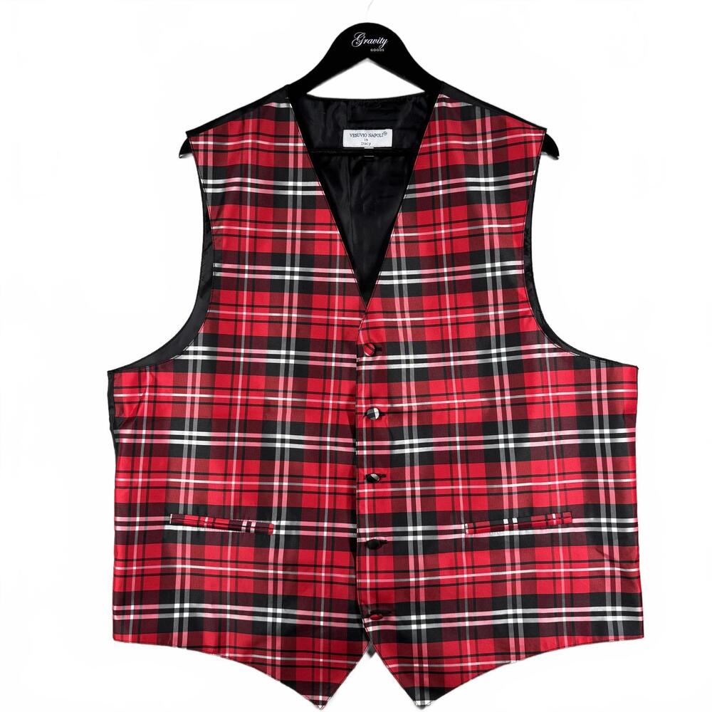Vesuvio Napoli Red Black White Plaid Men's Vest‎ Size XL Made in Italy Festive